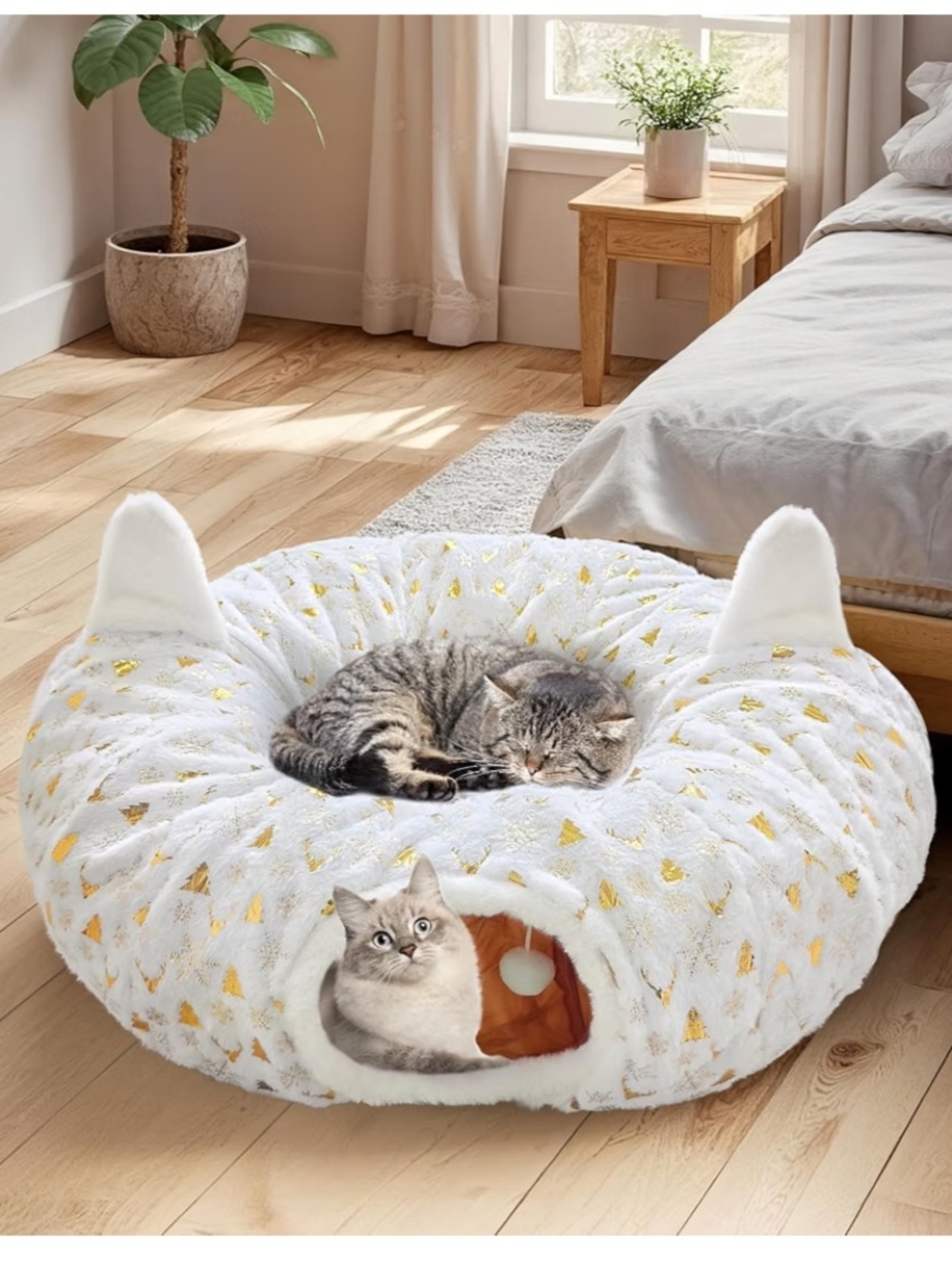 Amazon White & Gold Plush Cat Cave Bed with Ear Accents